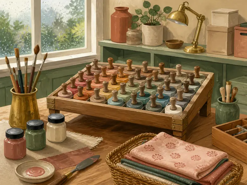 A wooden tray filled with neat rows of colorful printing stamps beside paint jars, brushes, and folded patterned fabric.