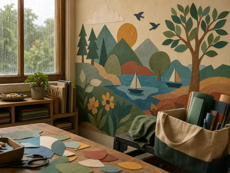 Paper cutout landscape mural on a room wall beside a rainy window and wooden craft table.