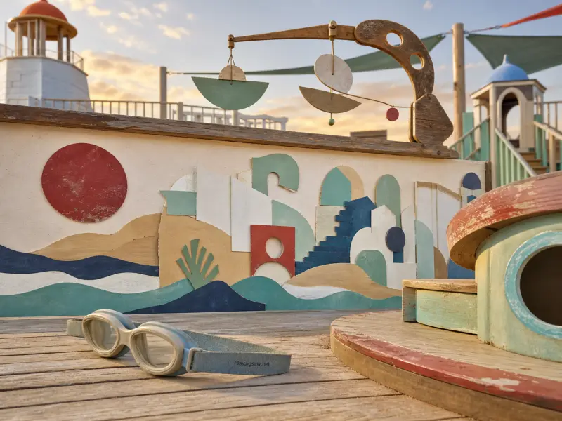 A wooden playground deck with swimming goggles, a hanging mobile, and a coastal mural depicting hills and a red sun.