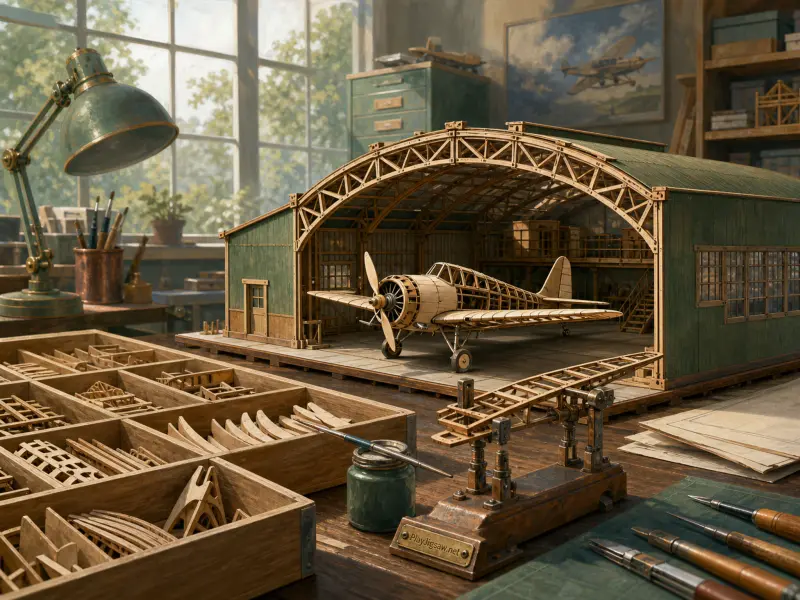 A miniature wooden model airplane rests inside a small wooden hangar on a sunlit craft table.