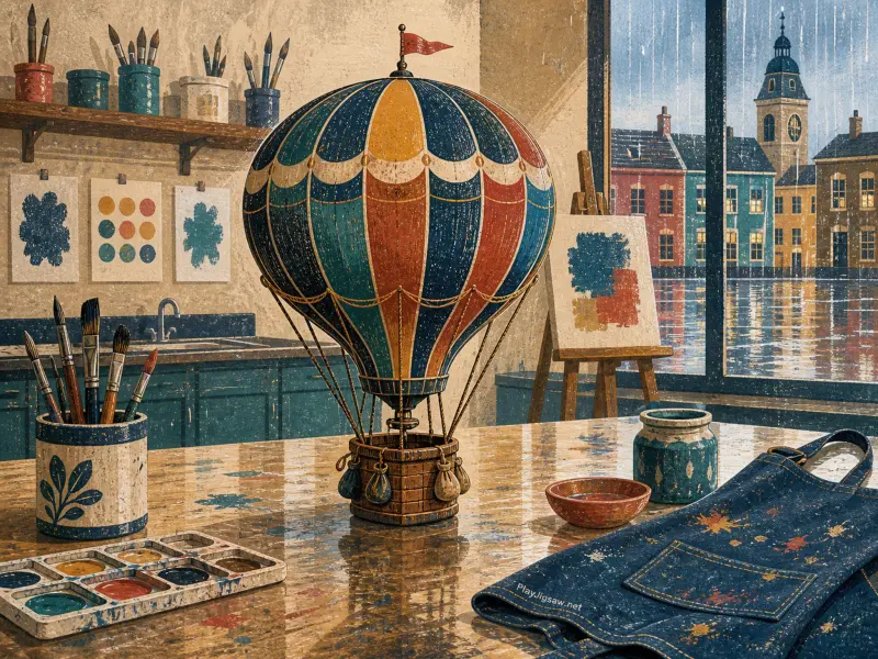A colorful miniature hot air balloon model sits on an artist's workbench before a rainy city window.