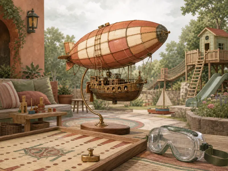 A detailed model airship displayed on an outdoor patio table next to goggles and a game board.