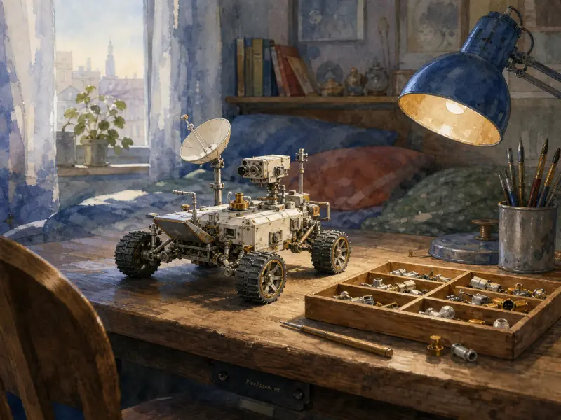 A miniature planetary rover model rests on a wooden desk alongside small metal parts and a glowing blue lamp.