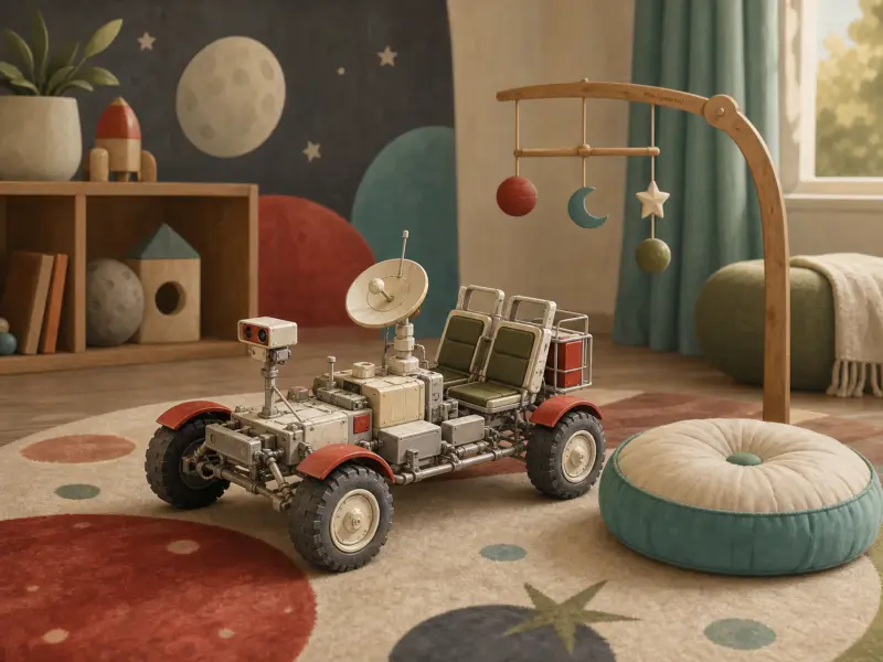 A miniature lunar rover model sits on a rug in a children's bedroom decorated with a space mobile and wall mural.