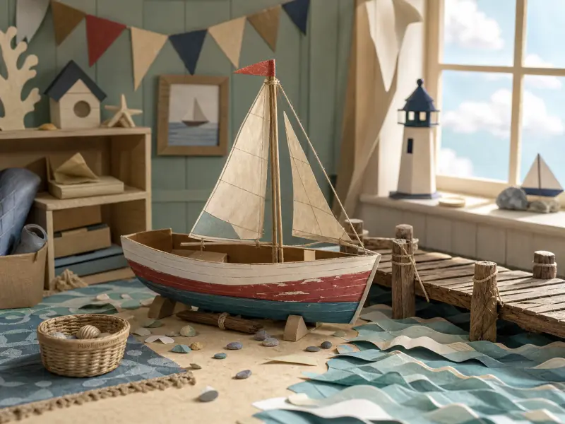 Handmade model sailboat with paper sails resting near a miniature wooden pier and papercraft ocean waves.