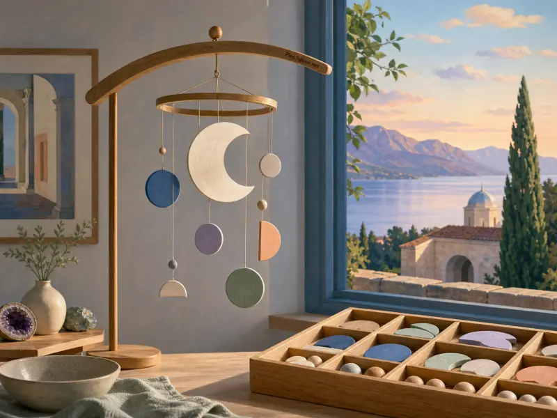 A handcrafted wooden moon mobile on a table next to a window showing a calm Mediterranean coastline.