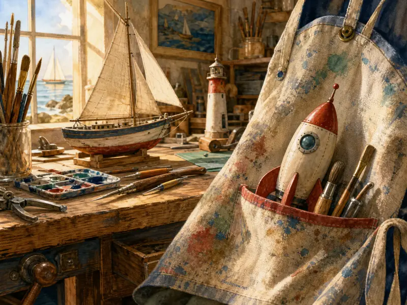 A craftsman workbench with a model sailboat, tools, and an apron holding a toy rocket overlooking a sunny sea.