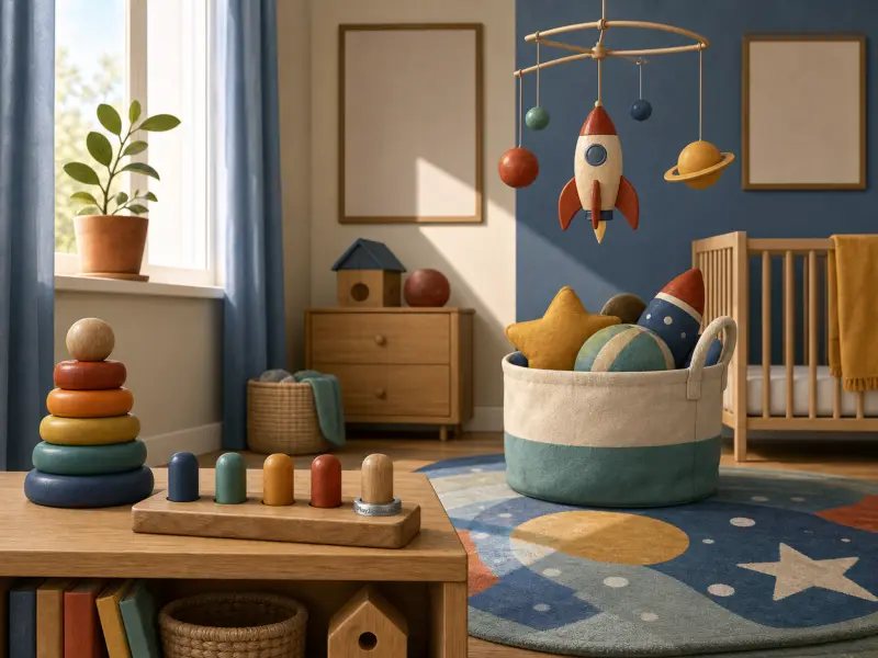 A sunlit nursery featuring a space-themed hanging mobile, wooden toys, a crib, and a planet rug.