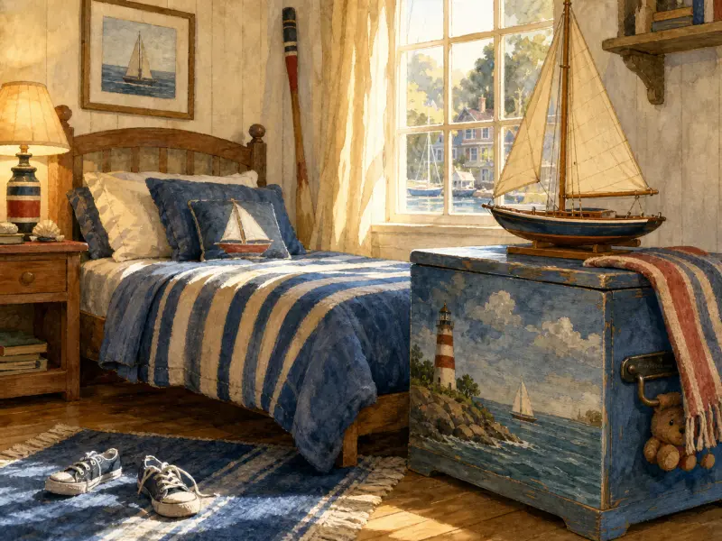 Sunlit nautical-themed bedroom with a striped bed, a model sailboat atop a painted sea trunk, and shoes on the rug.