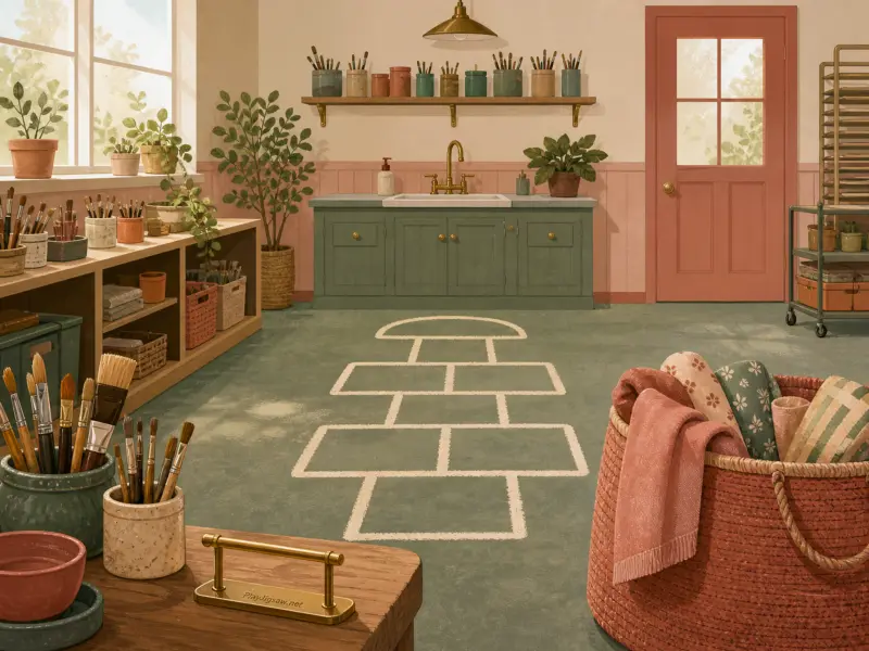 A chalk hopscotch grid drawn across the floor of a sunlit art studio filled with paint supplies and plants.