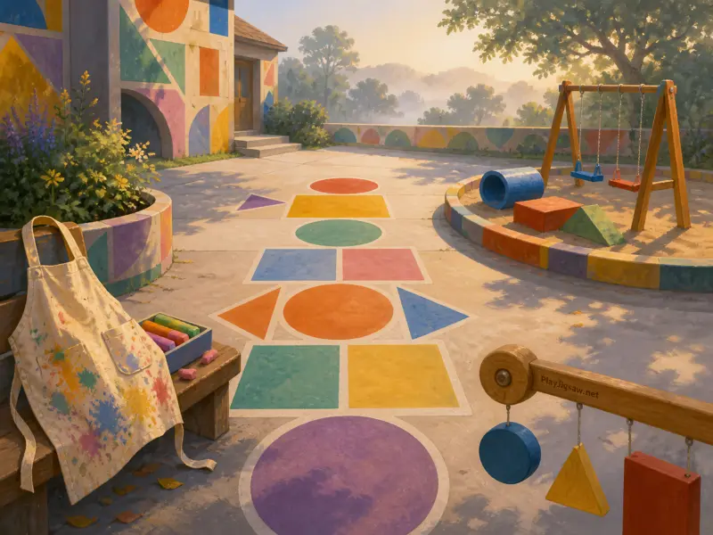 A preschool playground with colorful geometric shapes painted on the pavement, swings, a sandbox, and an artist apron on a bench.