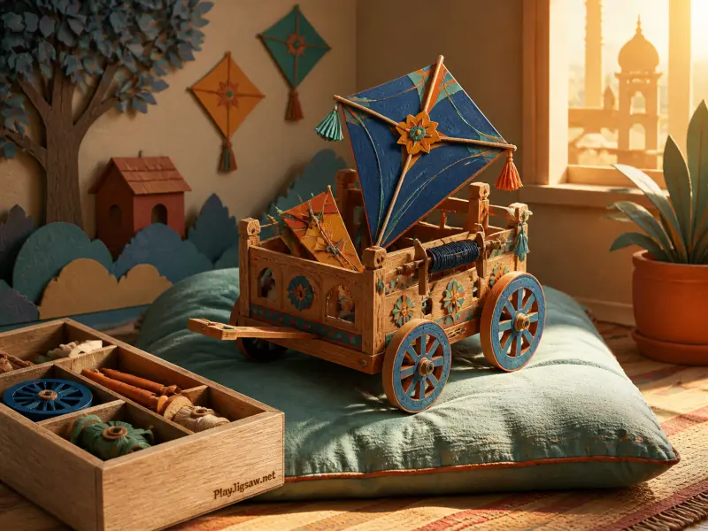 A miniature wooden toy wagon holding decorative kites rests on a pale cushion by a sunny window.