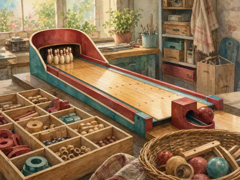 Miniature wooden bowling alley with tiny pins and balls sitting on a workbench in a sunlit artisan workshop.