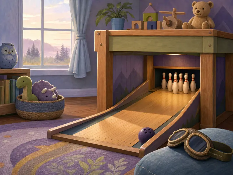 A miniature wooden bowling lane set up inside a sunny playroom filled with toys, plushies, and aviator goggles.