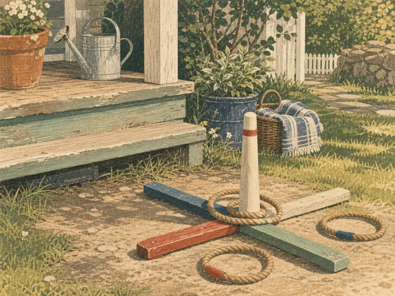 Wooden ring toss game with rope rings resting on the ground next to rustic porch steps in a sunny garden.