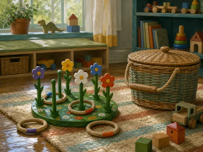 Wooden flower ring toss game and woven toy basket on a striped playroom rug.