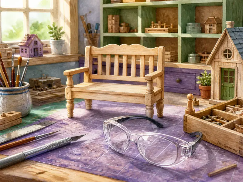 A miniature wooden bench on a purple work mat surrounded by crafting tools, safety glasses, and tiny dollhouses.