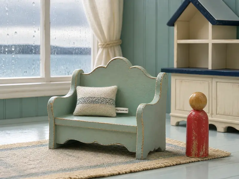 Miniature wooden green bench and red peg doll on a rug in front of a rainy window.