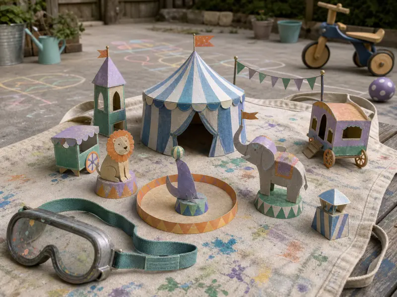 Handcrafted miniature paper circus tent, wagon, and animals arranged outdoors on a paint-splattered canvas mat.