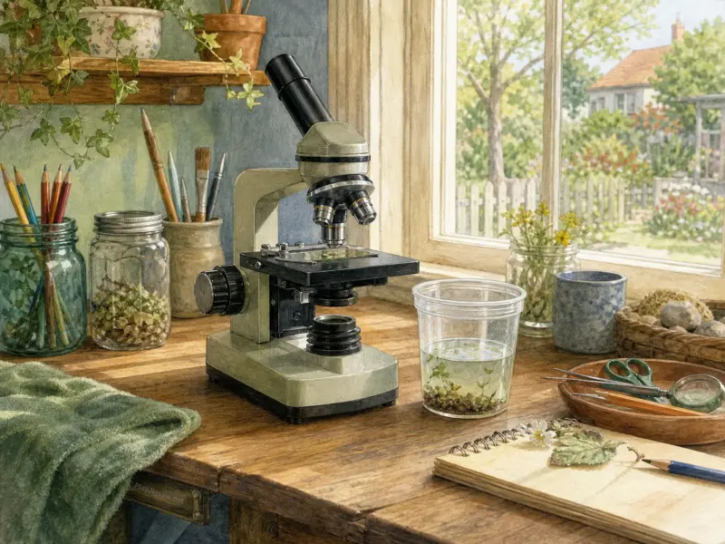 Microscope, specimen jars, and a sketchbook on a sunlit wooden desk overlooking a bright garden window.
