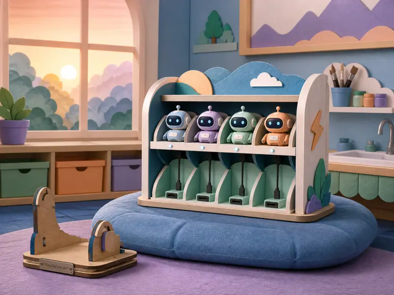 Four colorful toy robots sitting in a wooden charging dock in a bright playroom.