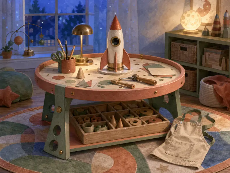 A retro toy rocket stands on a round activity table surrounded by crafting tools and a starry window.