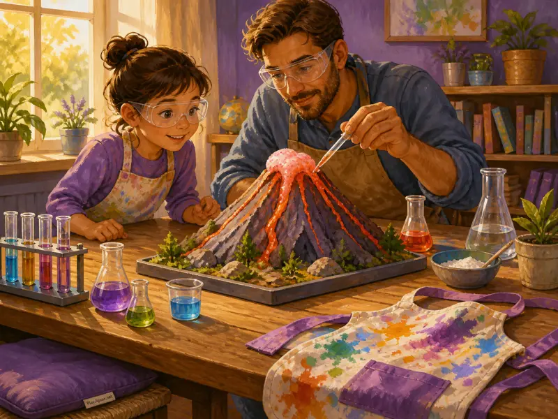 A father and daughter wearing goggles watch a tabletop model volcano erupt with colorful foam.