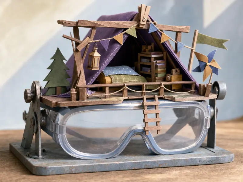 Miniature cardboard tent fort with a bed, books, and bunting built on top of safety goggles on a metal stand.