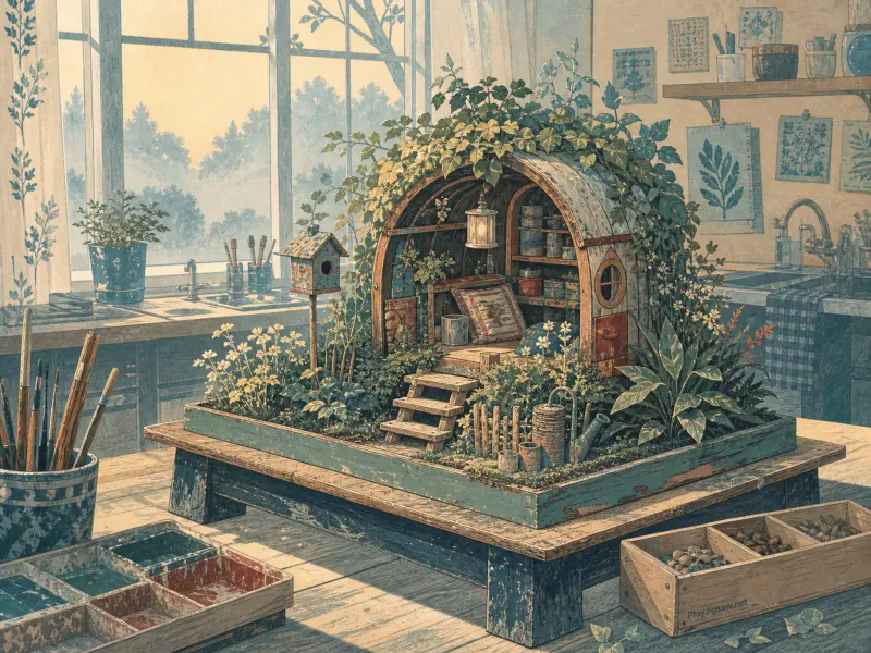 A miniature arched wooden shelter covered in vines and tiny garden plants sits on a studio worktable by a bright window.