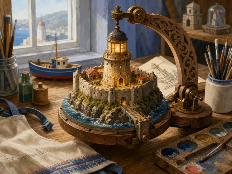 Detailed miniature stone fortress and glowing lighthouse diorama on a craftsman workbench with painting supplies.