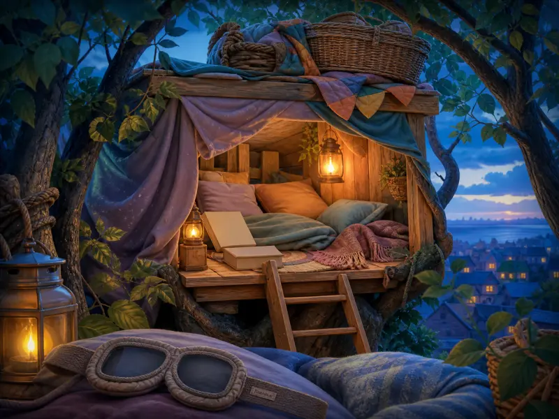 A cozy wooden treehouse filled with pillows and quilts, warmly lit by lanterns overlooking a village at dusk.