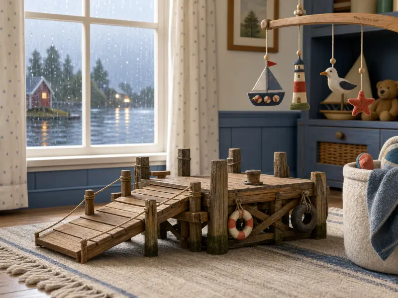A miniature wooden toy dock sits on a nursery rug beneath a hanging nautical mobile, beside a rainy window.