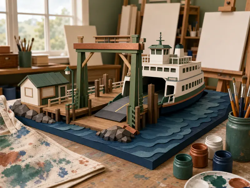 Handcrafted miniature model of a ferryboat docked at a wooden slipway with paint supplies on a workshop table.