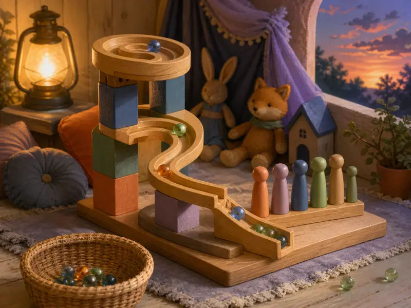 Wooden marble run toy with colorful blocks and marbles set on a table beside stuffed animals and a sunset window.