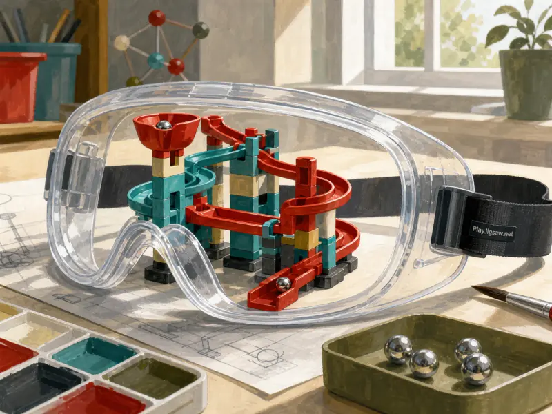 A miniature red and teal marble run seen through clear safety goggles on a sunlit studio desk.
