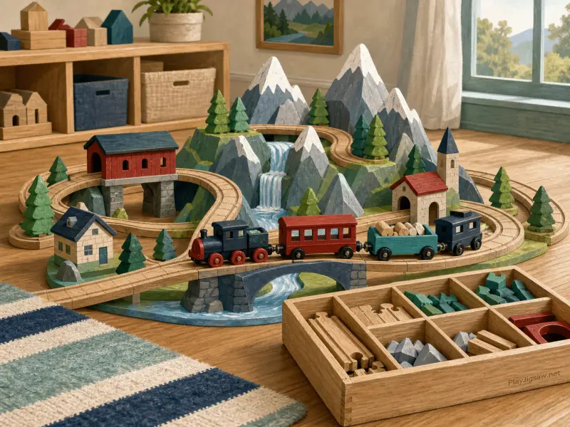 A miniature wooden train set winding around painted mountain peaks, a waterfall, and tiny buildings on a room floor.