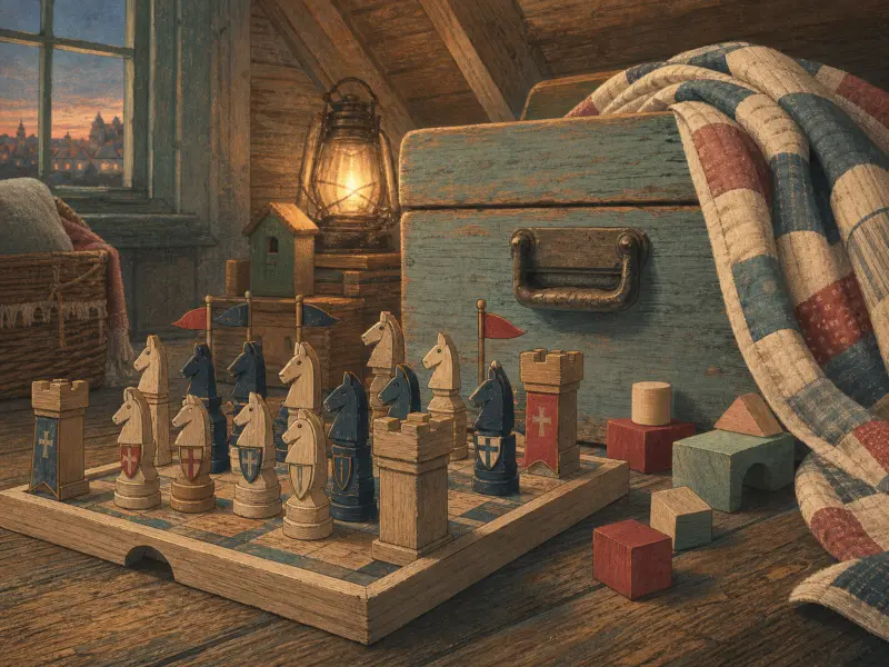 A wooden chess set of carved knights and rooks on an attic floor beside a lantern and patchwork quilt.