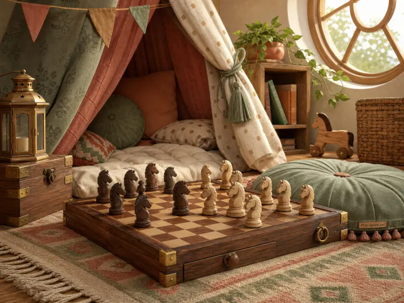 A wooden chessboard with carved knight pieces sitting on a rug inside a cozy nursery play tent.