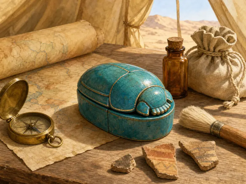 A turquoise scarab box rests on a wooden table with maps, a compass, and tools inside an expedition tent.