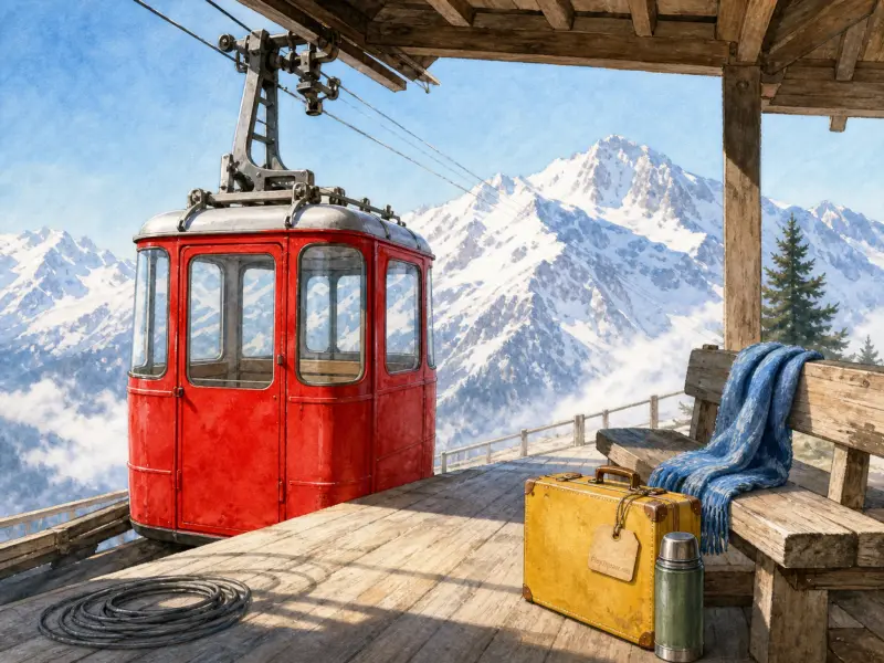 A red cable car stopped at a wooden mountain platform beside a yellow suitcase and snowy alpine peaks.