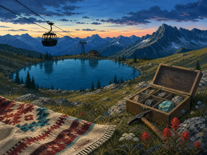 A wooden mineral collection box and blanket rest on a grassy mountain ridge overlooking an alpine lake and cable car.