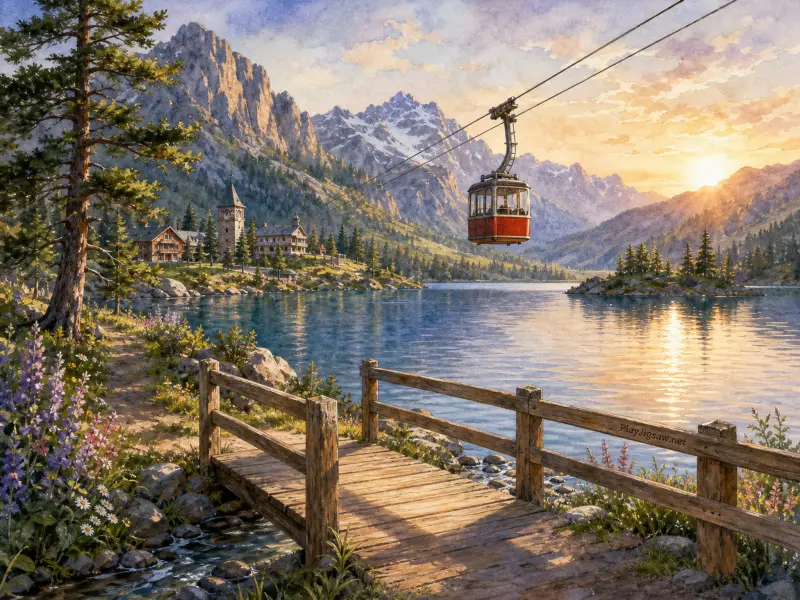 A red cable car crosses over a calm alpine lake near a wooden bridge and towering mountains in golden light.