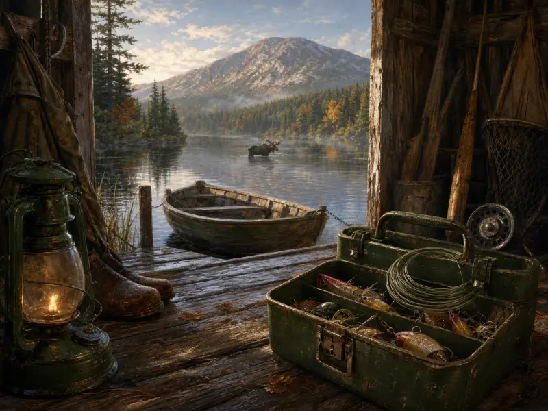 View from an old boathouse with a tackle box and lantern, looking out at a rowboat and a moose wading in a lake.