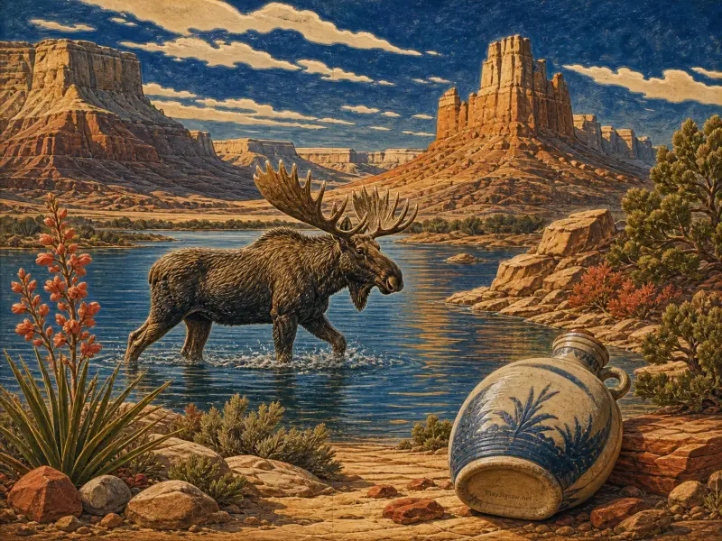 A large moose wades through a lake surrounded by desert canyon cliffs, with a ceramic jug on the foreground shore.