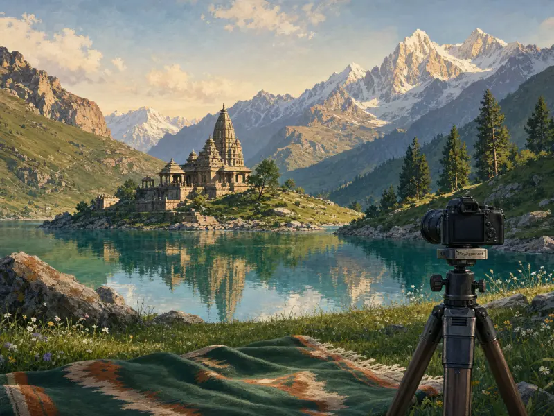 A camera on a tripod overlooking a turquoise mountain lake with an ornate stone temple and snowy alpine peaks.