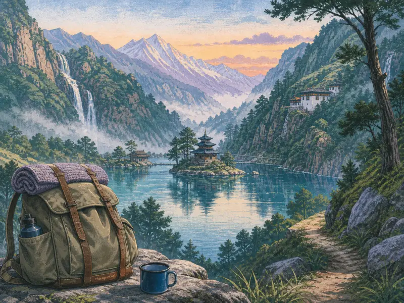 A hiking backpack and enamel mug sit on a rocky ledge overlooking a mountain lake with an island pagoda.