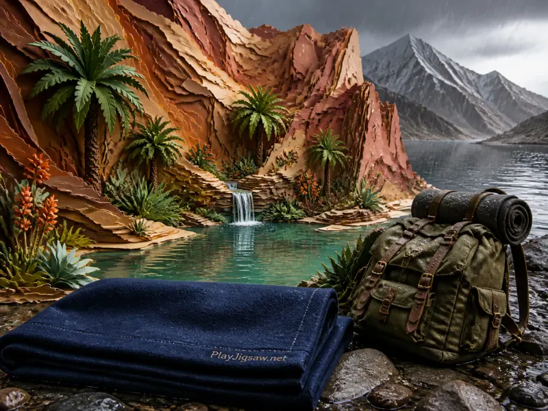 A folded blue blanket and green backpack rest before a canyon oasis with palm trees and a waterfall.