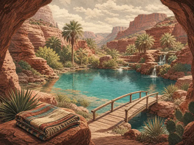 Desert canyon oasis with clear turquoise water, palm trees, small waterfalls, a wooden bridge, and red rock cliffs.