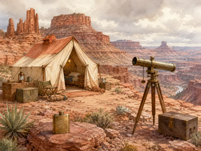 Vintage canvas tent and brass telescope overlooking a vast red rock canyon with a river below.