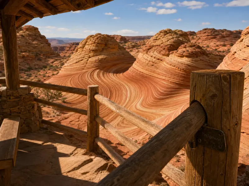 Swirling orange and tan sandstone formations viewed through the railing of a rustic wooden desert overlook.